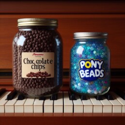 A jar of chocolate chips and a jar of pony beads sitting on a piano keyboard.